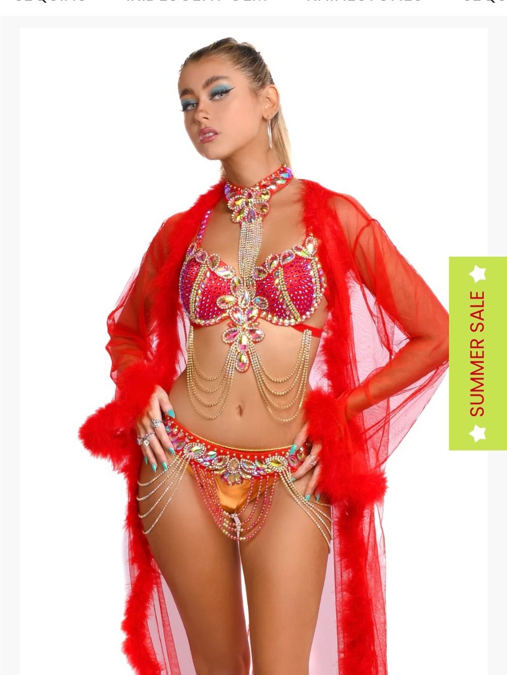 Red Jeweled Bikini Set with Sheer Feather Robe